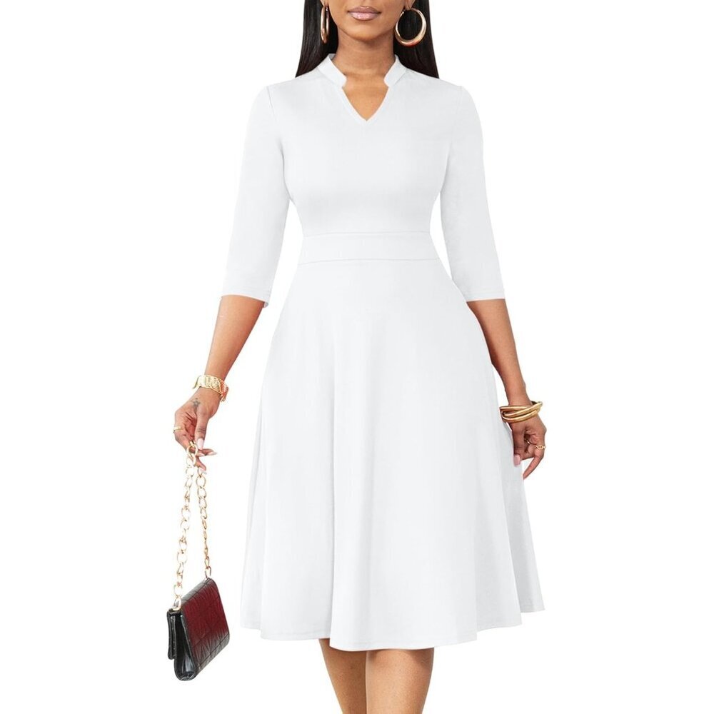 Women White 3/4 Sleeve Semi Formal Fit and Flare A-line  Dress with Pockets